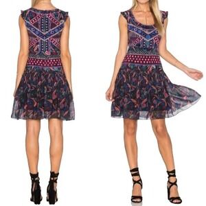Saloni Silk Pleated Mini Dress US 6 UK 10 Multicolor Geometric Floral Ruffle